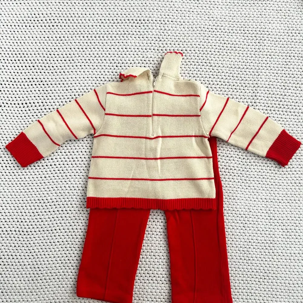 Little Angel Red Cream Two Piece Cottage Floral Knit Sweater Pants Set 2 Toddler